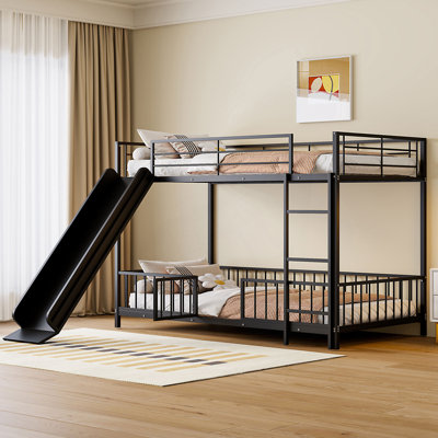Twin Over Twin Metal Bunk Bed With Slide, Guardrails, And Convertible Design For Safe And Fun Sleeping