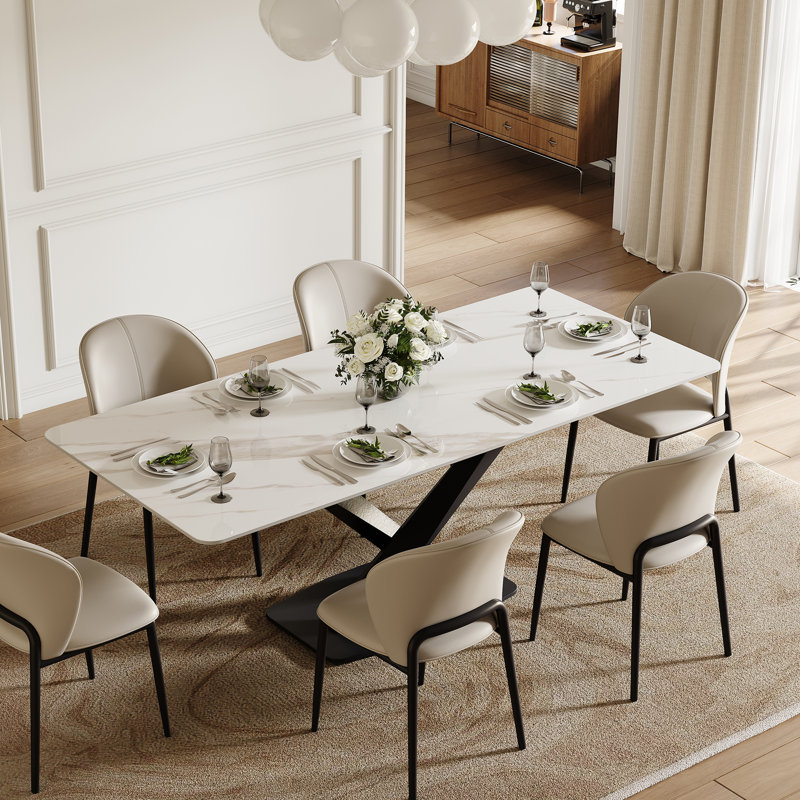 71'' Luxurious Modern Dining Table for 6 People, Dining Table Sintered Stone Tabletop with Black Carbon Steel Base Pre-Assembly
