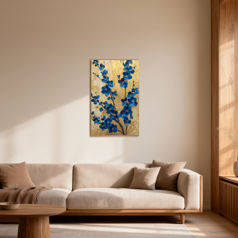 Plantes et fleurs, fleurs bleues sur fond doré, reproduction d'art