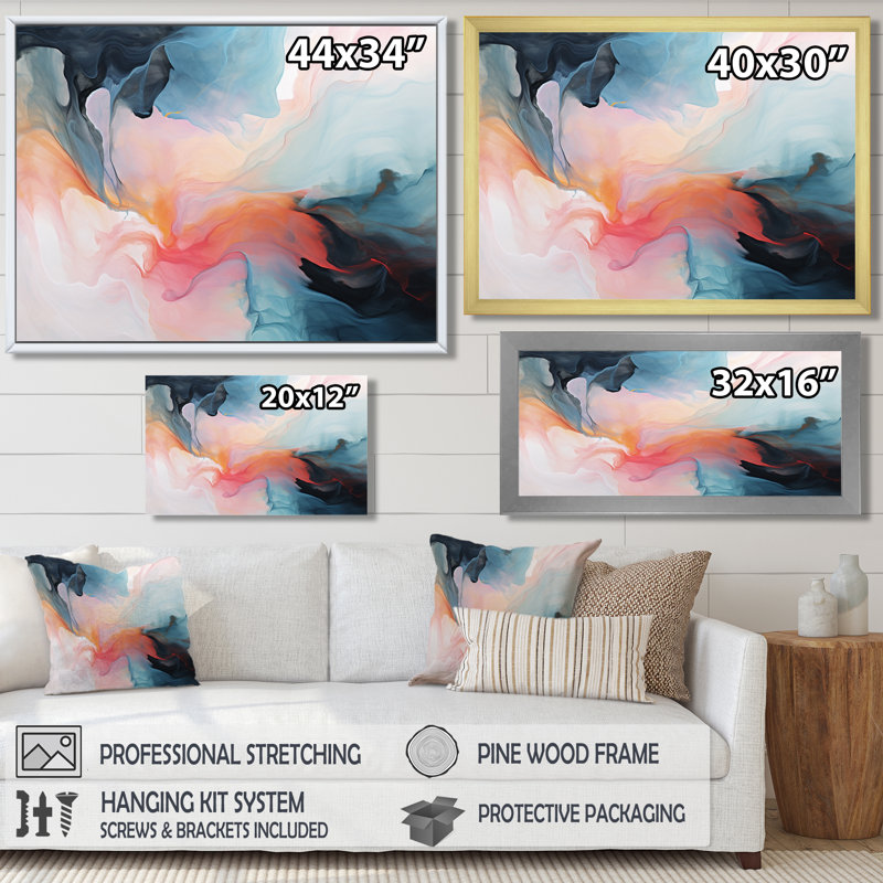 «Playful Deep Pink Sky Dance I», reproduction d'art abstrait à encre liquide, Cadre flottant noir