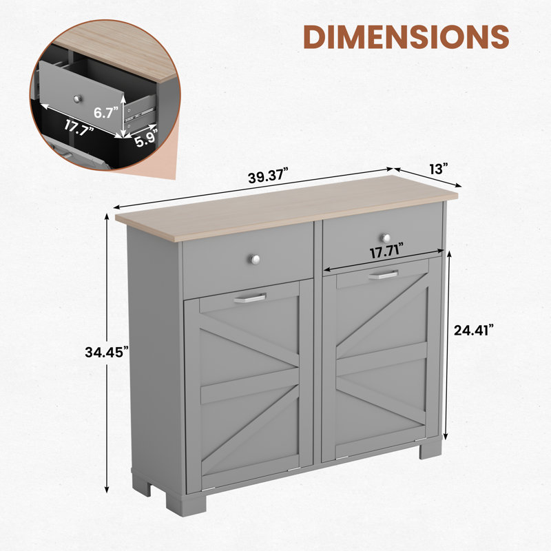Double Tilt Out Trash Cabinet 10 Gallons Wooden Free Standing(Not include trash can), Grey