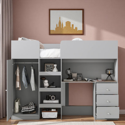 Loft Bed With Built-in Wardrobe, Desk, Storage Shelves And Drawers