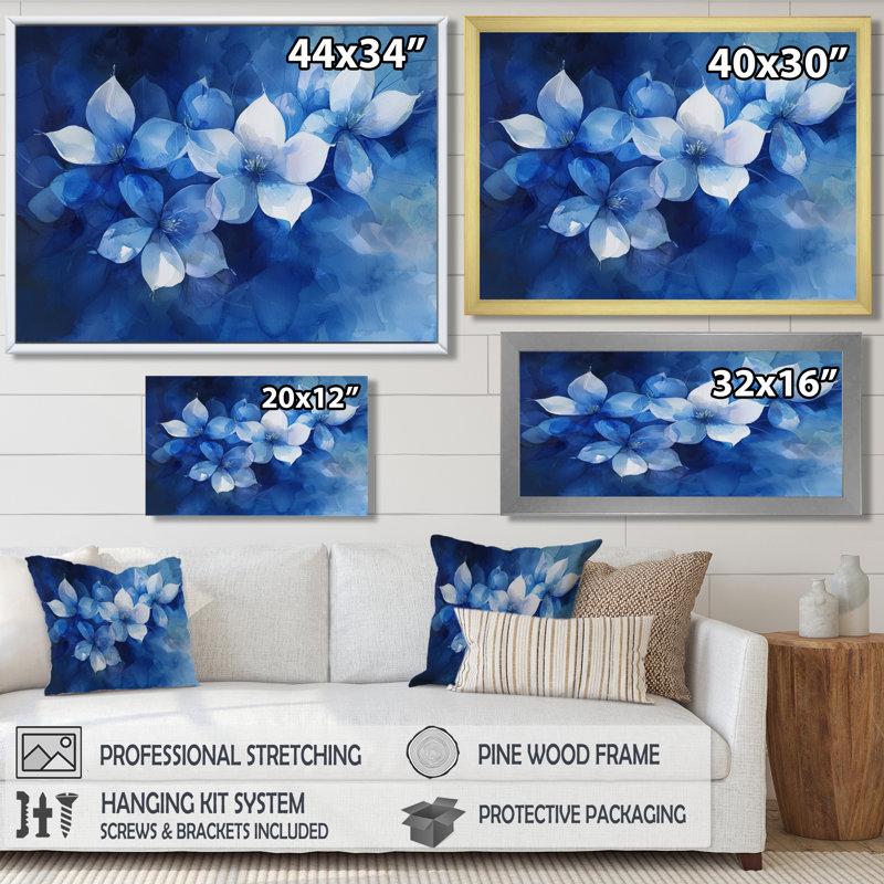 Jacionna bleu blanc délicat cornouiller pétales de fleurs I - cornouiller art mural, H 12 po x l 20 po, Toile tendue