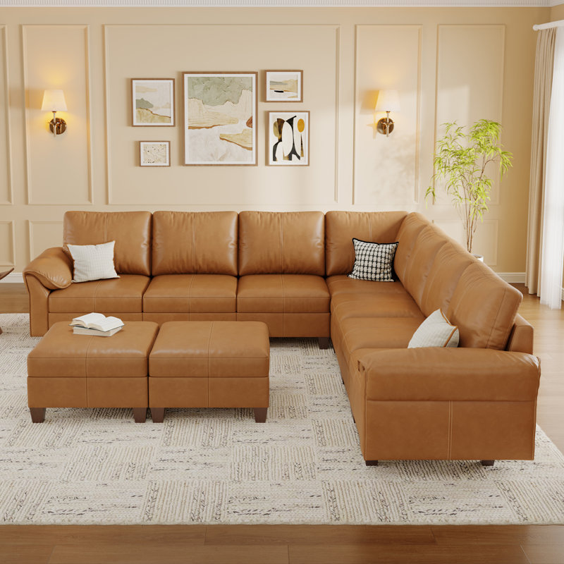 Canapé modulaire 120 po à 9 places en simili cuir avec rangement 120 po, brun, Brun