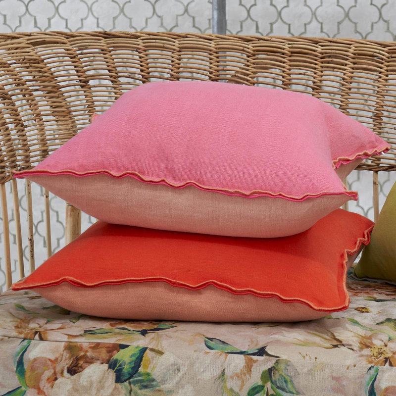 Brera Lino 100% Linen Decorative Pillow, Square 22", Hibiscus/Peach