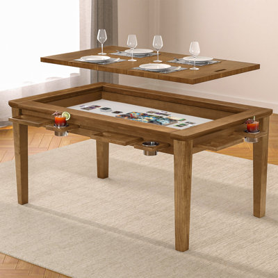  Table de jeu en bois massif pour 4 à 6 personnes, table D & D / Puzle avec tapis de jeu, 6 porte-gobelets et plateaux de loisirs, table de salle à manger avec plateau amovible