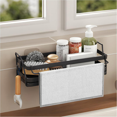 Porte-éponge pour évier de cuisine, support d'évier mural avec plateau de drainage auto-drainant, support d'évier de cuisine en acier inoxydable pour organiser une éponge, une brosse, un distributeur de savon, noir