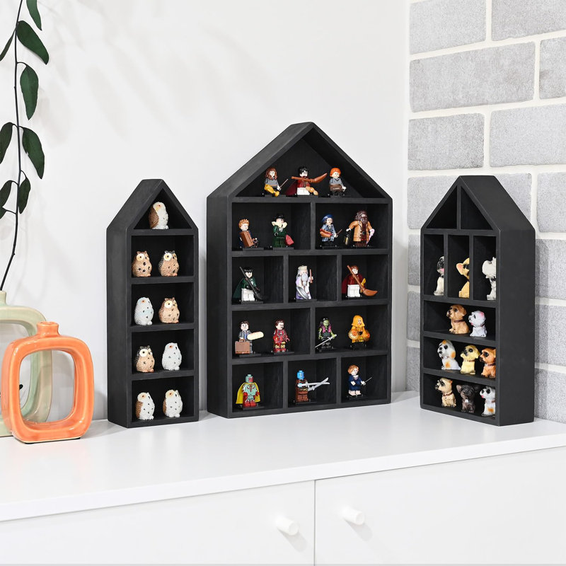 House-Shaped Wooden Shadow Cubby Box Display Shelf Organizer Storage Shadow Box For Mini Figures, Set Of 3, 10 W X 2 1/4 D X 15 H In, Black Colour