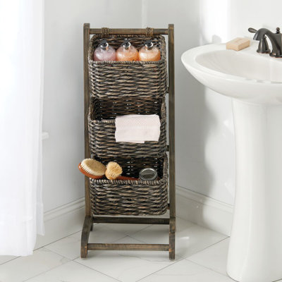 mDesign Vertical Standing Storage Basket Stand With 3 Baskets - Black/Wood