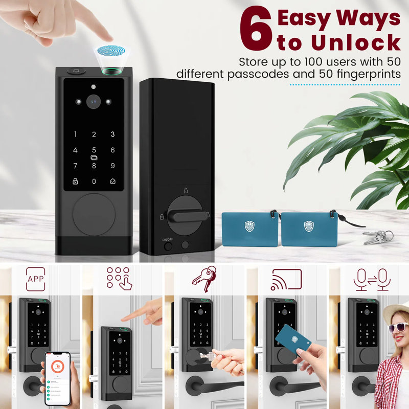 6-in-1 Video Smart Lock with Camera & Doorbell - Fingerprint, Auto Lock, Wi-Fi, IP65 for Front Door, Silver