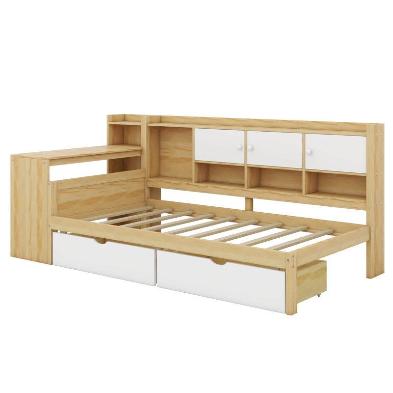 Daybed With Storage Drawers & Bookcase, Corner Bed With Desk & Shelves, Multi-Functional L Shaped Bed With Convertible Headboard