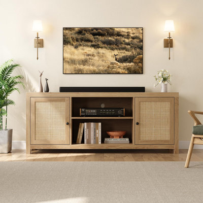Meuble télé avec rangement Boho, console multimédia pour téléviseur de 75 po, salon et chambre à coucher