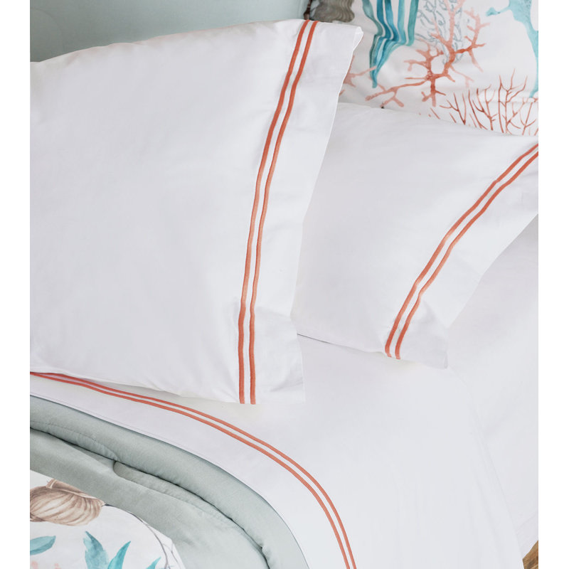 Enzo 100% Cotton Percale Sheet Set, White/Coral, Queen Sheet Set + 2 Pillowcases