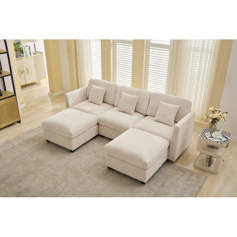 5-piece Modular Sectional Sofa With 2 Ottomans, Beige Corduroy