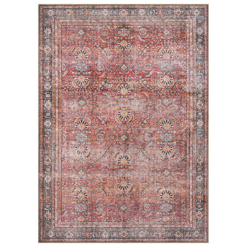 Labarbera Machine Washable Red/Gray Non-Slip Backing Area Rug, Rectangle 4' x 6'