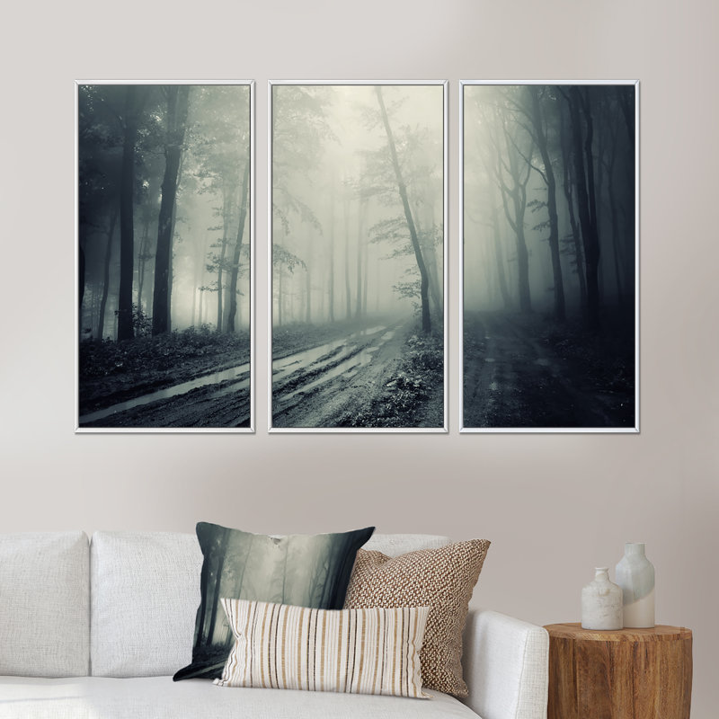 «Spooky Dark Forest With Fog», ensemble d'art mural sur toile encadré paysage, H 20 po x l 36 po x P 1 po, Cadre blanc