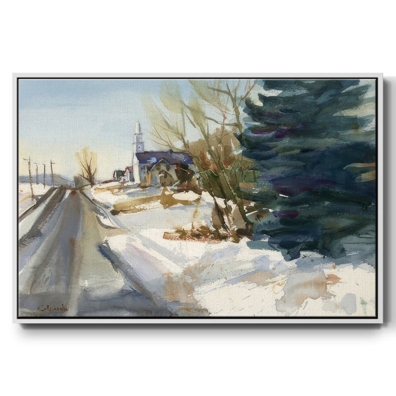Église paroissiale en hiver, H 17 po x l 25 po x P 1,5 po, Cadre flottant blanc