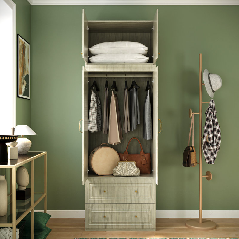 Armoire autoportante 94 po avec 2 tiroirs, armoire de rangement pour chambre à coucher et quincaillerie dorée 94 po