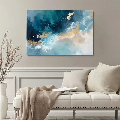 Framed Wall Art For Living Room Modern Canvas Art Wall Decor Print Painting Prints Pictures Abstract Ocean, Blue and Gold Gradient, Modern Impressionism Wall Art Picture For Bedroom Hotel Home Wall Decor, 2D Flat, Ready to Hang