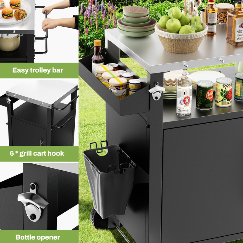 Chariot de barbecue polyvalent pour la terrasse ou le patio - Acier inoxydable, cour noire pour ranger tous vos outils de cuisson,