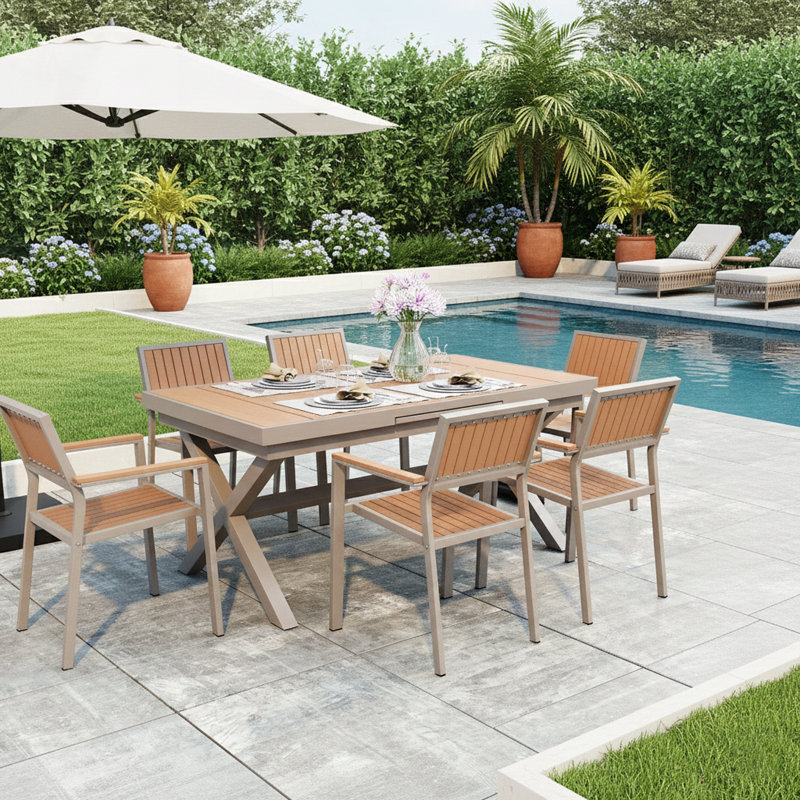 Experience Outdoor Dining Freedom With A Flexible Set Including Six Chairs And A Table That Extends From 62.9 To 82.6 Inches For Personalized Arrangements