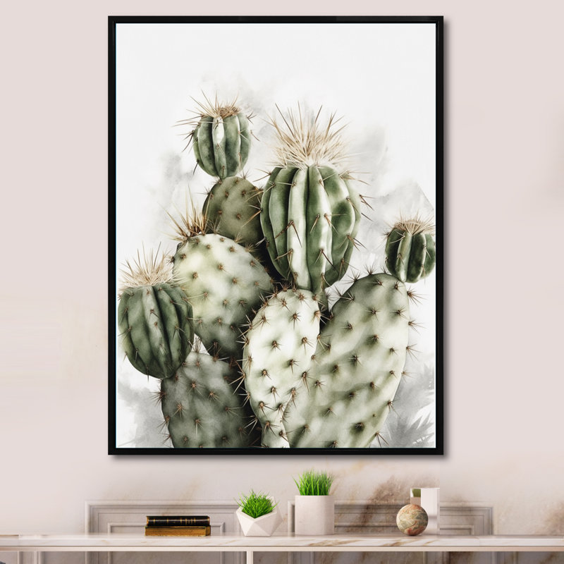 «Lincoln Desert Green Flower Cactus» sur toile, H 44 po x l 34 po, Cadre flottant noir