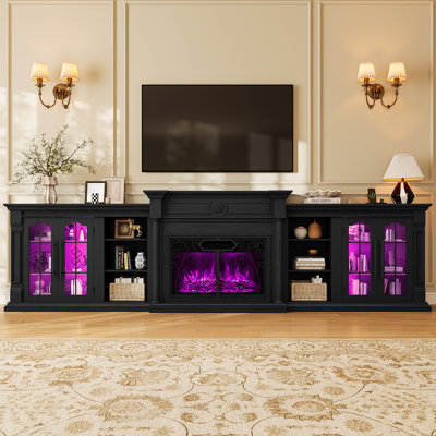 Meuble télé modulaire de 343 cm avec foyer intégré, centre de divertissement avec éclairage DEL, prises électriques et rangements, grande console multimédia avec foyer électrique de 76 cm, flammes colorées et portes à volutes rétro, noir
