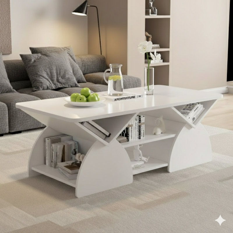 Engineered Wood Rectangular Coffee Table With Rounded Corners For The Living Room. An Easy-To-Assemble Storage Table With Open Shelves And A Sturdy Frame For Reception Rooms, Featuring A Modern Geometric Design In White.