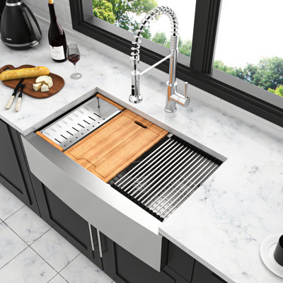 30" Sink Stainless Steel - 16 Gauge, Apron Front, Brushed Nickel Finish, , Includes Wood Cutting Board, Rack, Bottom Rinse Grid, Colander, Installation Clips, 3.5" Strainer Drain, Guide Workstation