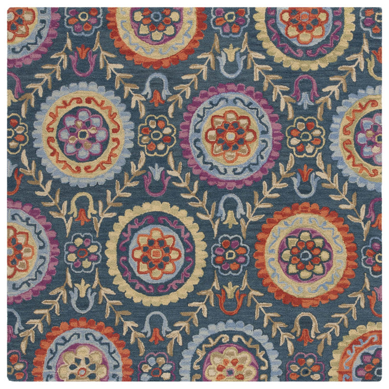 Tomo Hand Hooked Wool And Cotton Floral Rug, Square 6'