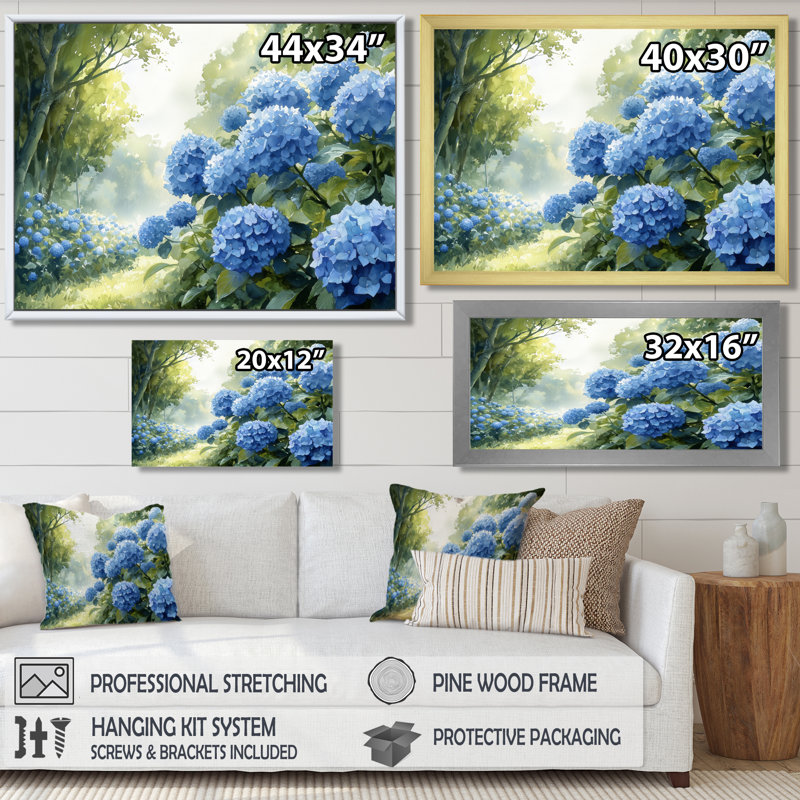 Hortensias dans le verger - hydrangées, art mural, Cadre flottant imprimé sans passe-partout, H 24 po x l 32 po, Doré