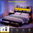 King Size Bed Frame With 4 Storage Drawers, Upholstered Platform Bed With Led Lights, Hidden Storage Headboard, Charging Station, No Box Spring Needed, Solid Wood Slats, Noise Free, Black-20985138-20985150