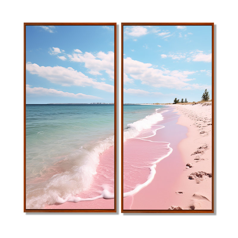 «Pink Minimalisme Beach Landscape I - Large Coastal Beach», 2 panneaux, H 20 po x l 24 po, Impression encadrée flottante