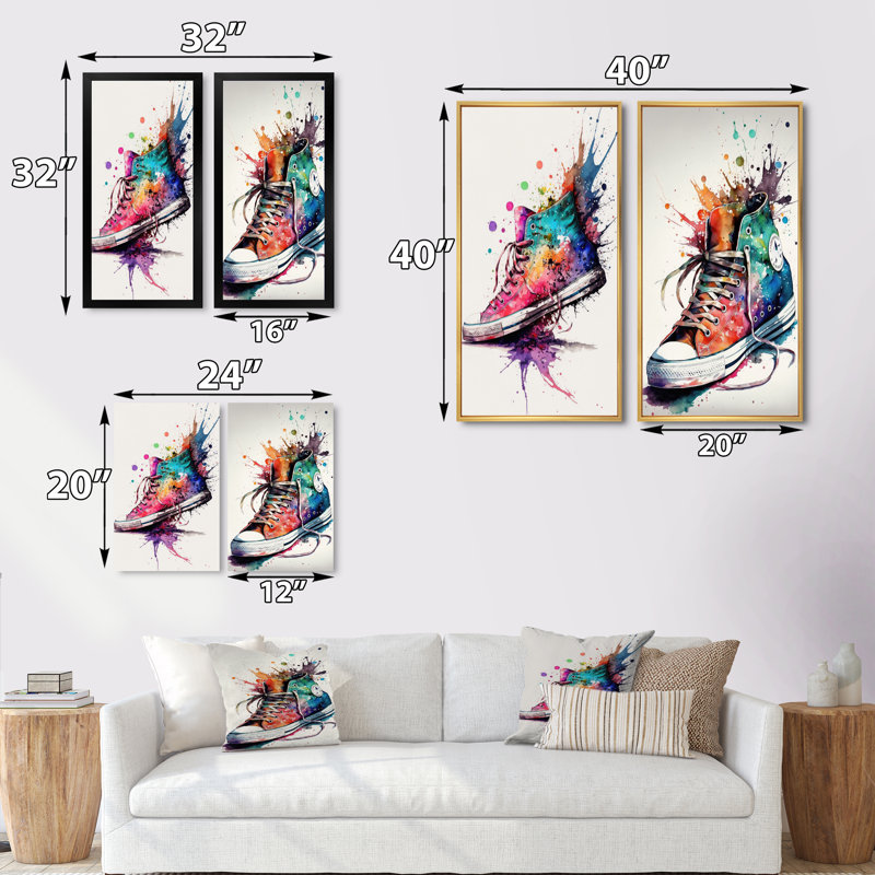 «Multicolor Sneaker Shoe», 2 pièces sur toile, H 40 po x l 40 po, Encadrement brun