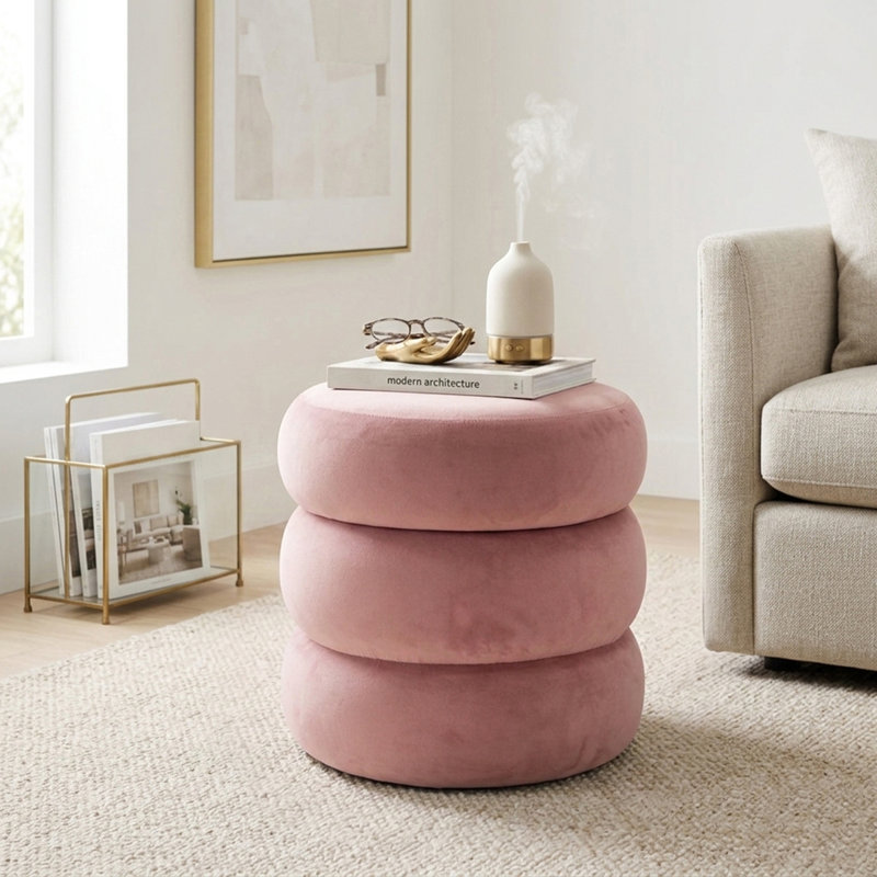 Modern Round Velvet Side Table,Upholstered Nightstand, Rose