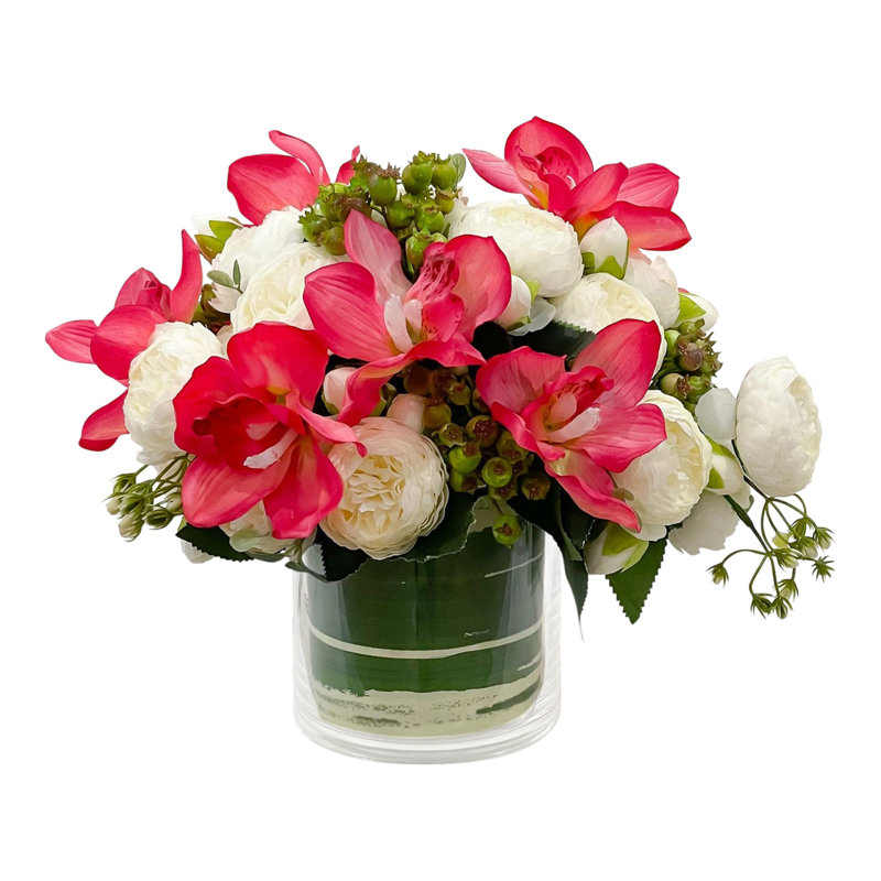 Pink Silk Peony Orchid Arrangement, Pink/White