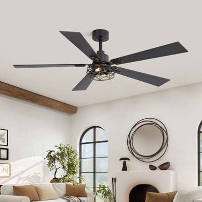 Ventilateur de plafond de 132 cm avec éclairage, style rustique noir, avec télécommande, idéal pour un salon de style champêtre ou une véranda. Silencieux.
