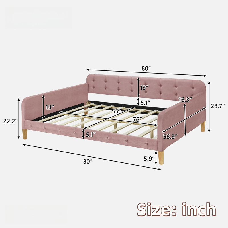 Upholstered Daybed With 4 Support Legs, Pink