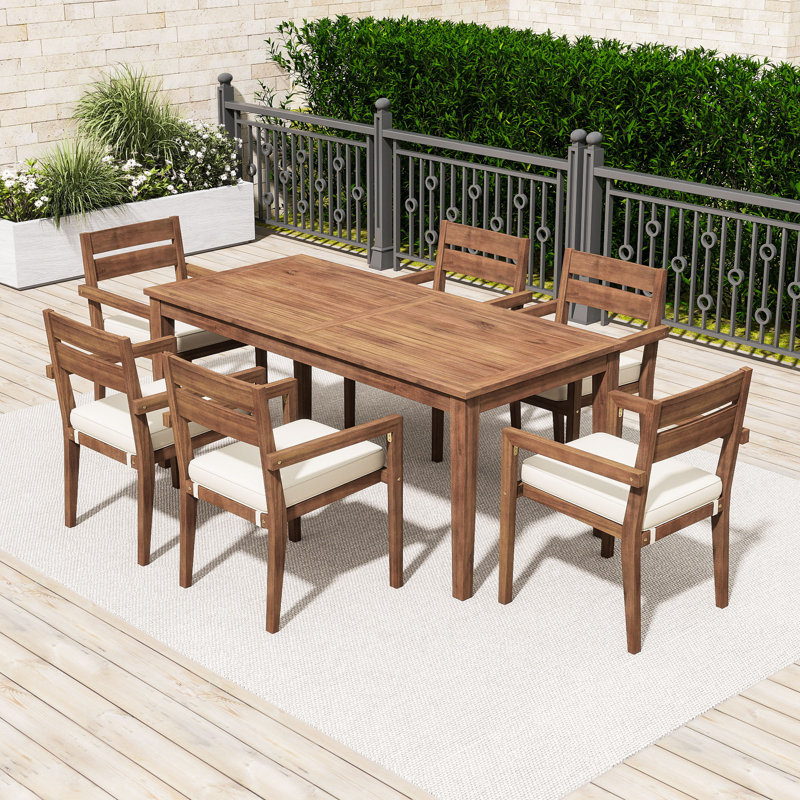 7-Piece Patio Dining Set with Outdoor Table and 6 Cushioned Chairs for Garden, Burly Wood/Beige