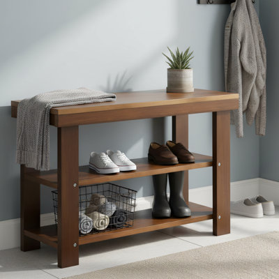Solid Pine Wood Entryway Shoe Rack Bench, Espresso Brown, 10.6 X 27.57 X 17.74 Inches.