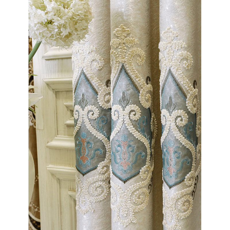 2pcs European High-end Embroidery Curtain Light Gray Light-blocking Living Room Bedroom Floor-to-ceiling Window Punched Finished Curtain