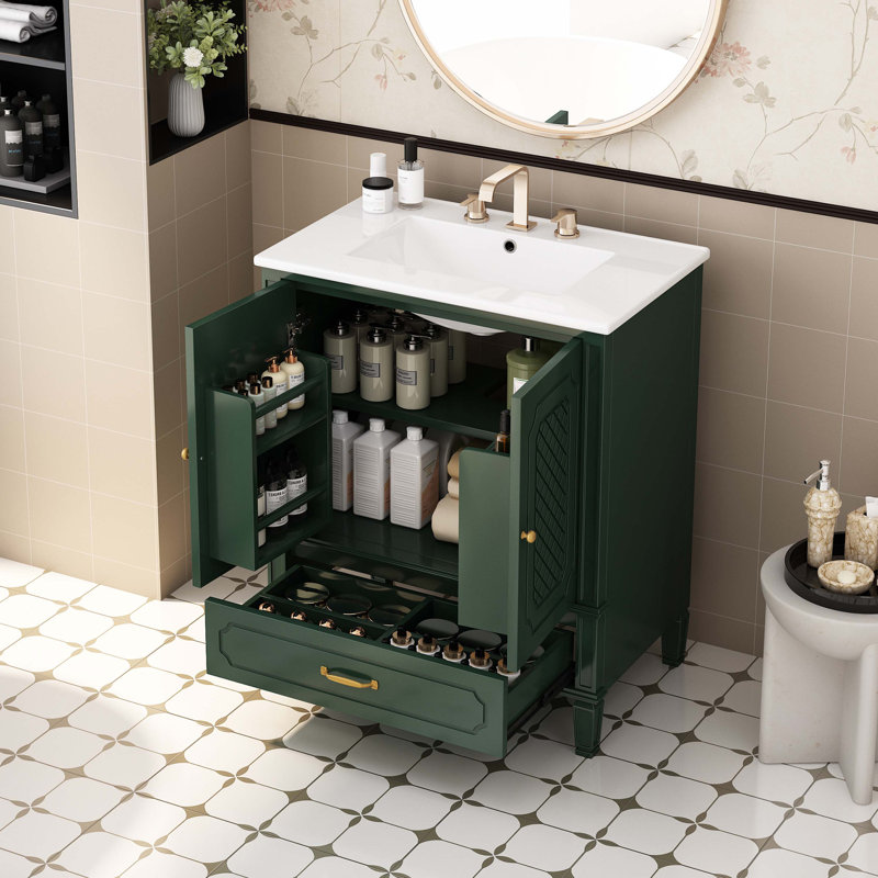 Meuble-lavabo 30 po avec lavabo style rétro, espace de rangement multifonctionnel, tablette de porte, porte à fermeture en douceur