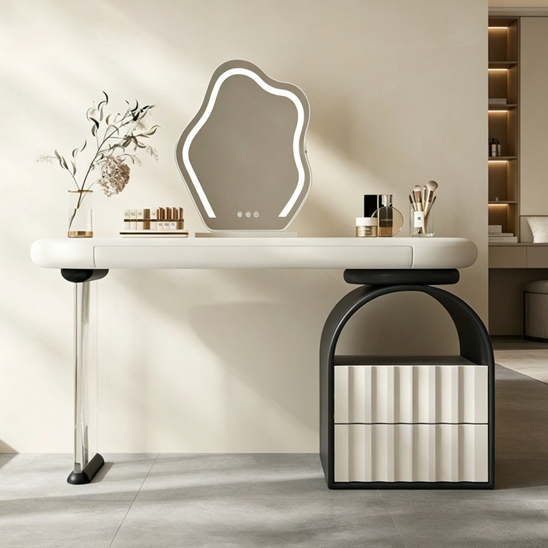Coiffeuse beige clair avec commode et miroir de maquillage, 29.53" H x 39.37" W x 15.74" D