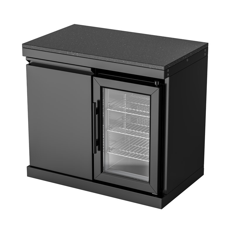 SERA Black Stainless Steel Outdoor Refrigerator Combination Cabinet with Black Granite Countertop, Storage Door, Wheels, 2.4 Cu. Ft. Capacity