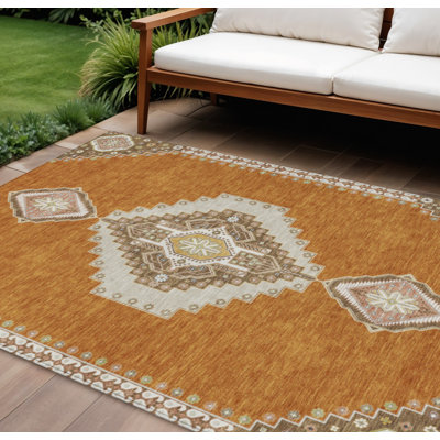 Tapis oriental lavable d'intérieur brun cuivré 9 pi x 12 pi