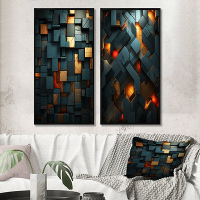 «Green and Gold Stylish Dark Geometric Elegance I», ensemble de 2 toiles abstraites sur toile