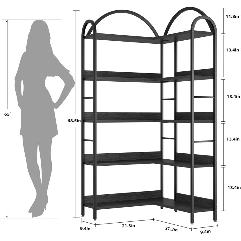 5-Tier Corner Bookshelf with Arched Metal Frame, Industrial L-Shaped Bookcase with Wood and Metal Open Storage Bookcase for Living Room/Bedroom/Kitchen/Home Office