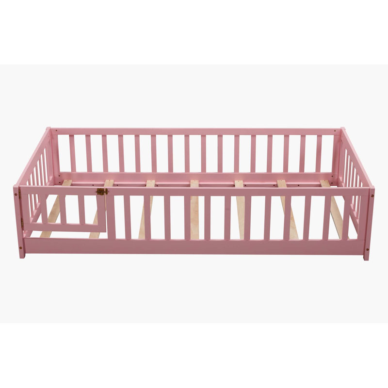 Floor Platform Bed With Fence Guardrails And Door, Twin, Pink