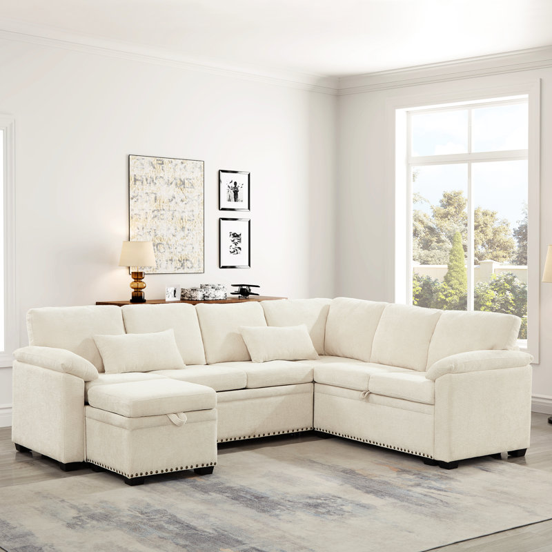 Canapé modulaire en L en chenille avec rangement, 7 sièges, beige, 97 po