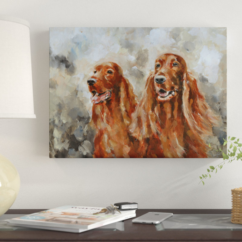 « two setters irlandais », reproduction de peinture à l’acrylique sur toile tendue, H 14 po x l 19 po x P 2 po